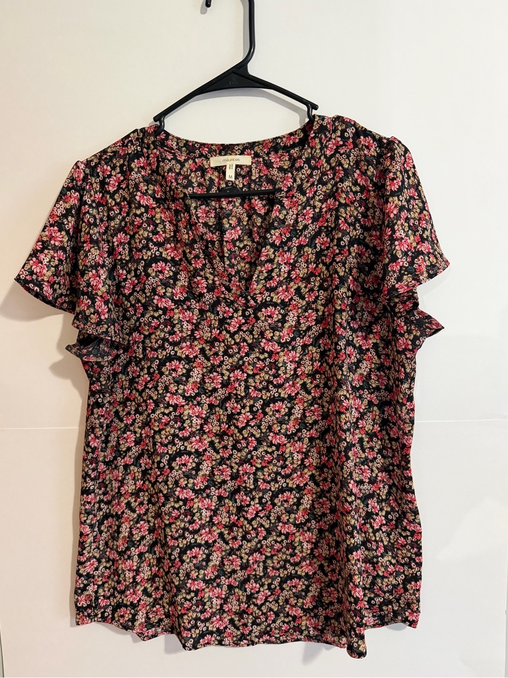 Maurices Black Floral V-Neck Flutter Sleeve Blouse